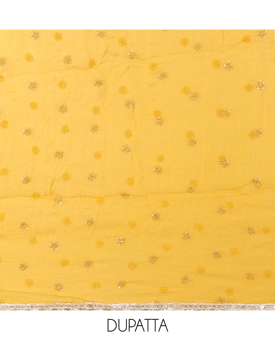 Yellow material chudidhar set, floral print & embroidered top, plain bottom & embroidered top