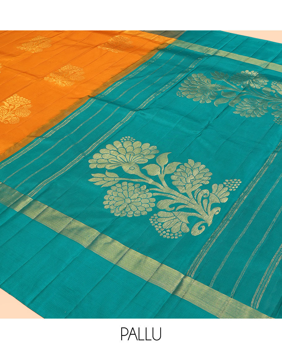 Orange Kanchipuram Silk Saree, Woven with Floral Zari Buttas, a Contrast Floral Zari Design Border, Floral Design Pallu, and a Contrast Blouse