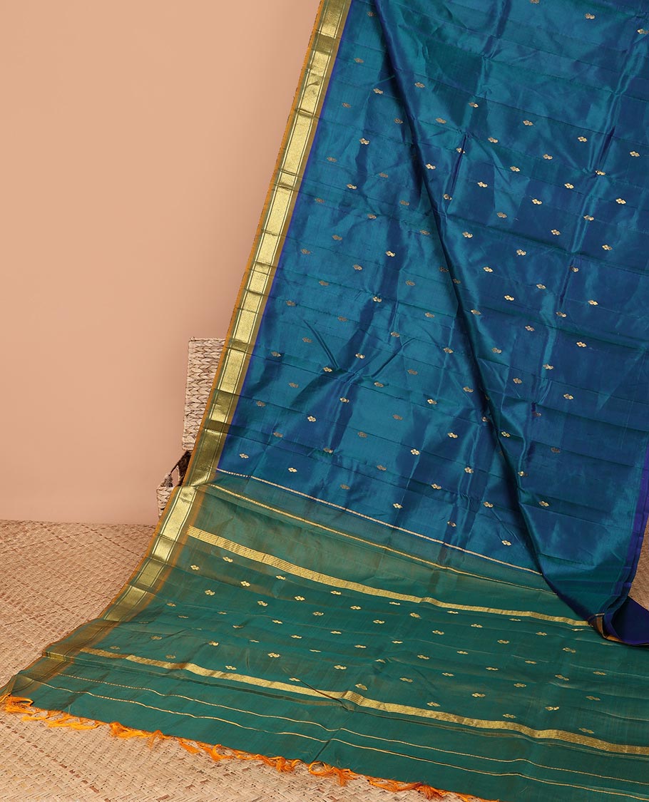 Blue floral buttas kancheepuram silk saree with contrast border of banaras, jaal design & striped, floral design pallu