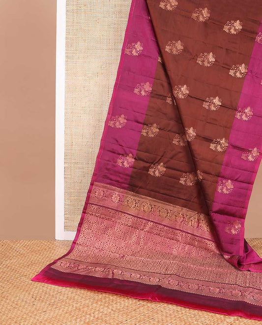 Brown floral buttas vasundhara elite silk saree with contrast floral design border & floral jaal pallu