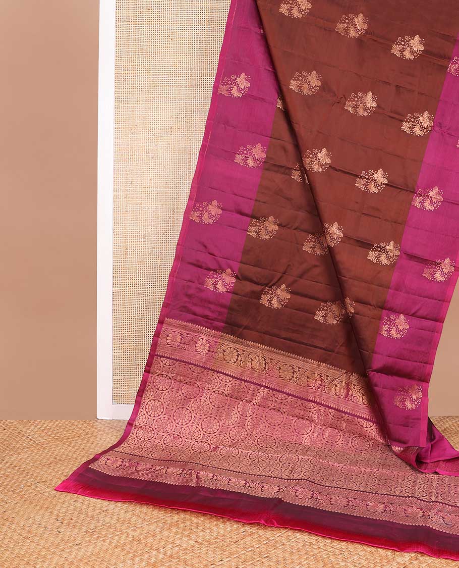 Brown floral buttas vasundhara elite silk saree with contrast floral design border & floral jaal pallu