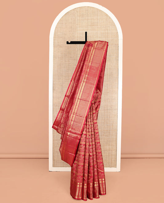 Red Kanchipuram Wedding Silk Saree, Charmingly Accented with Jacquard Design, a Zari Border of Salngai,muthu, Kathir, and Chakram Designs, Mayil Kann Pallu, and a Matching Blouse