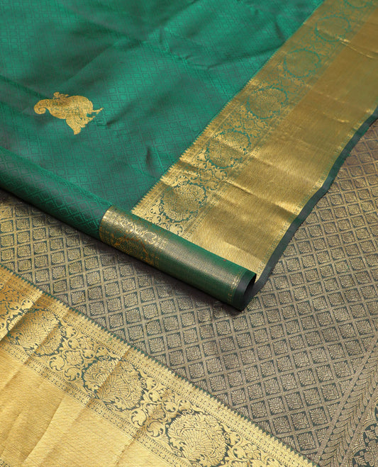 Dark green checked, mayil design silk saree with self border of thilakam mokku, muthu, paun, banaras design & zari desipgn pallu