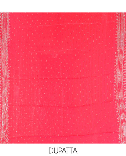Chilly Red Fendi Organza Material Chudidar Fetaures Pom-Pom-Neckline Top, Plain Bottom, and Scallop Embroidered Dupatta