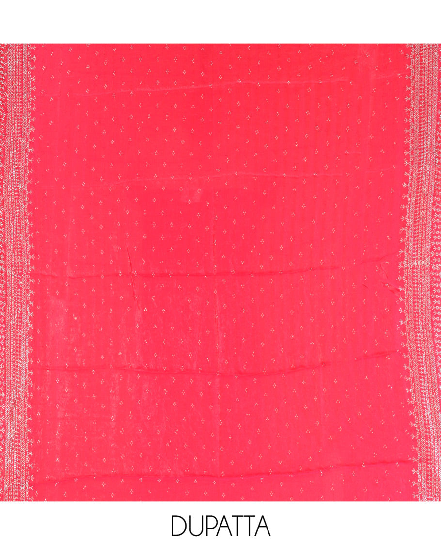 Chilly Red Fendi Organza Material Chudidar Fetaures Pom-Pom-Neckline Top, Plain Bottom, and Scallop Embroidered Dupatta