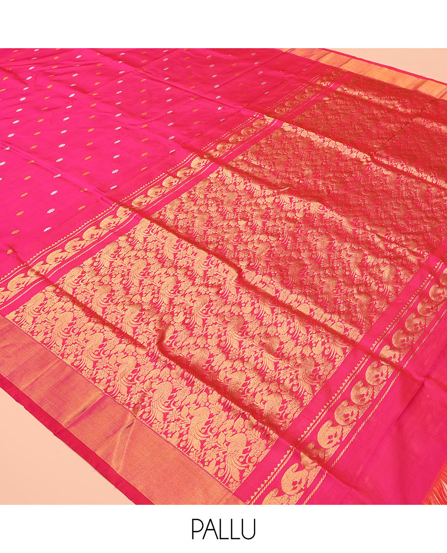 Pink Uppada Silk Saree, Detailed with Zari Buttas All Over Its Body, Highlighted by a Zari Bavanji Border, Pallu Steeped with Peacock Designs, and Paired with a Matching Blouse
