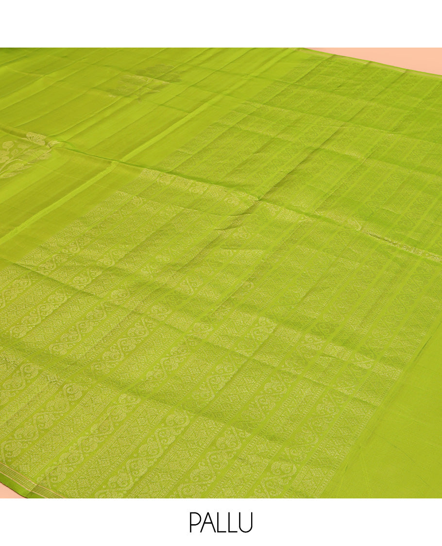 Borderless Green Mayuri Lite Silk Mix Saree, Charmingly Accented with Floral Zari Buttas All Over Its Body, Highlighted by a Pallu of Geometric Designs, and Paired with a Matching Blouse