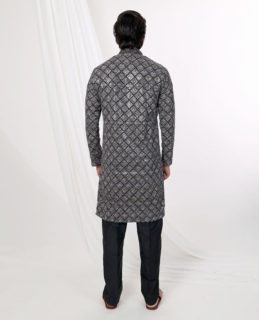 Black floral thread embroidery with sequins work mandarin collar & full-sleeve long raw silk kurta