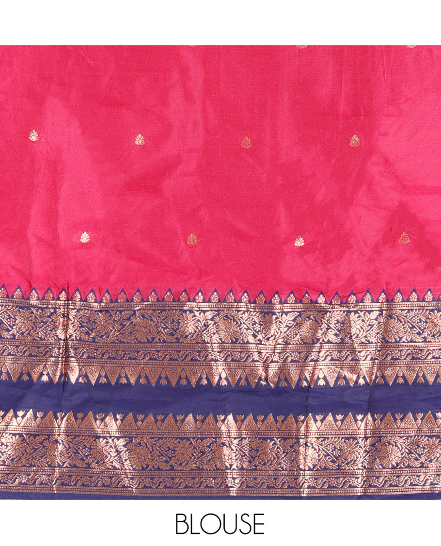Pink and Blue Semi-Banarasi Half-Saree, Accentuated with Zari Buttas on Its Skirt, Complemented by a Contrast Rettai Pettu Traditional Zari-Design Border, Paired with a Matching Blouse, and Comes with a Contrast Satin Georgette Embroidered Dhavani