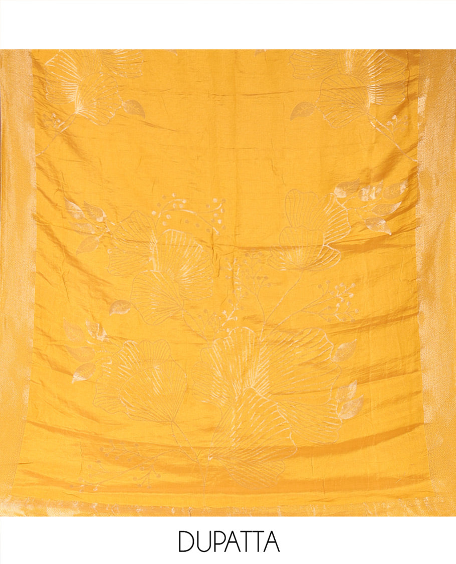 Yellow Semi-Silk Material Chudidar Set, Adorned with Pom-Pom Necklined Top, a Plain Santoon Bottom, and Paired Floral Zari Woven Semi-Silk Dupatta