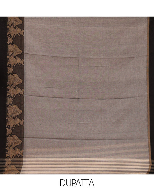 Ash grey mercerised cotton material chudidar set, Madhubani-style bride-groom motif woven top, bottom & dupatta
