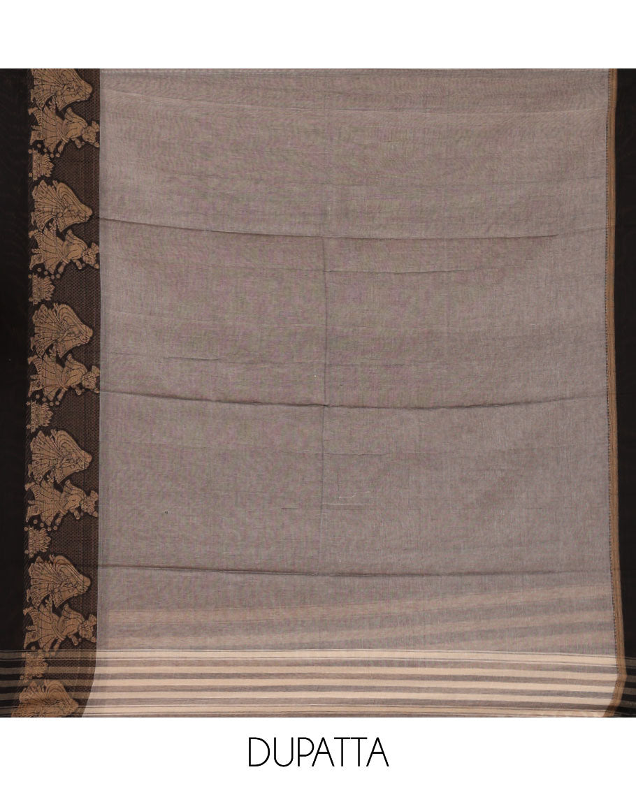 Ash grey mercerised cotton material chudidar set, Madhubani-style bride-groom motif woven top, bottom & dupatta