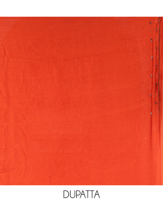 Rust Vichitra Silk Material Chudidar Set Showcasing a Bead-Sequin Embroidered Top, a Santoon Bottom, and an Embroidered Dupatta