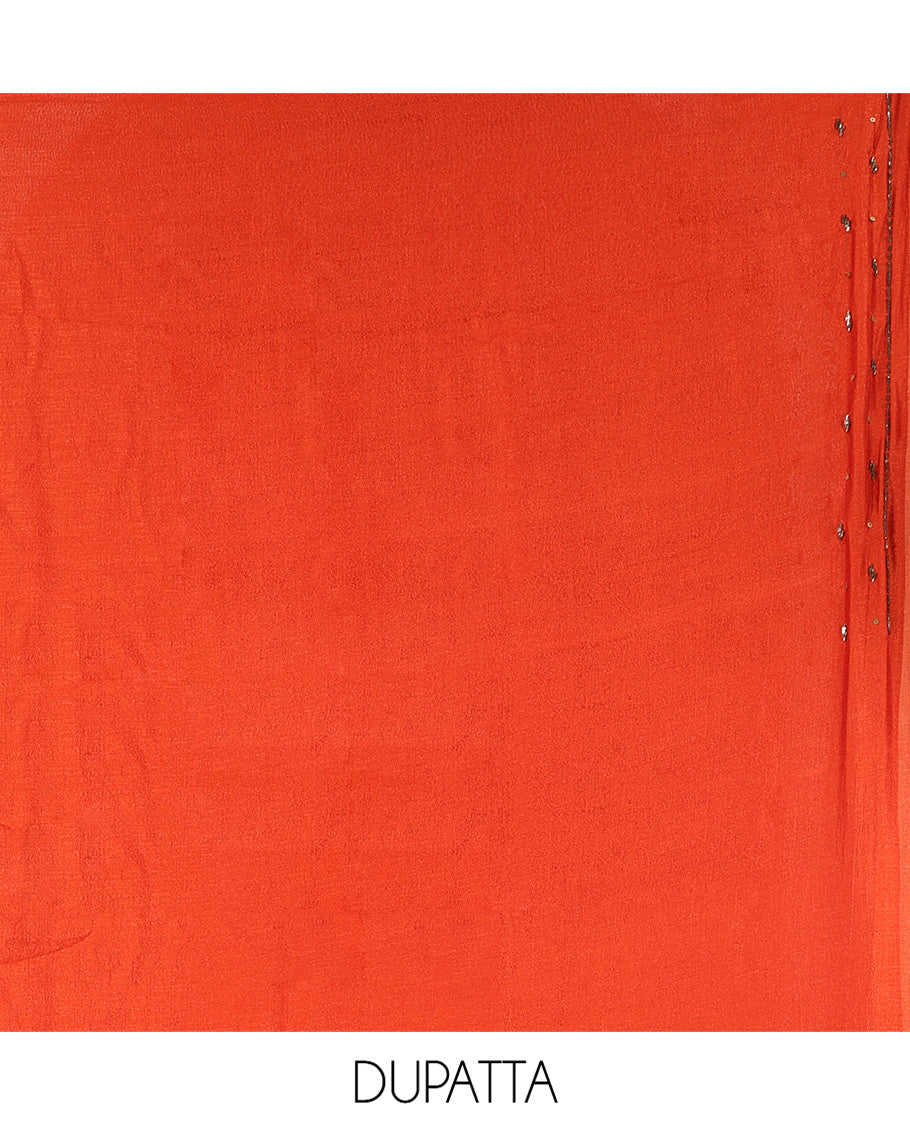 Rust Vichitra Silk Material Chudidar Set Showcasing a Bead-Sequin Embroidered Top, a Santoon Bottom, and an Embroidered Dupatta
