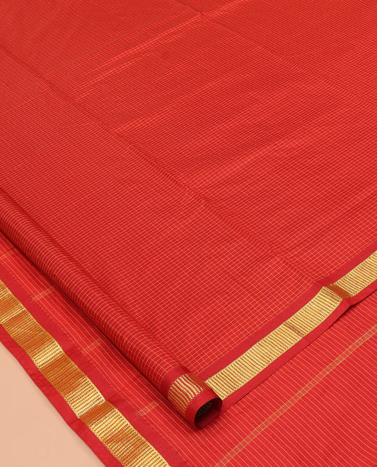 Red Checked Nine-Yard Saree, a Subtle Zari Border, Pallu of Stripes, and No Blouse