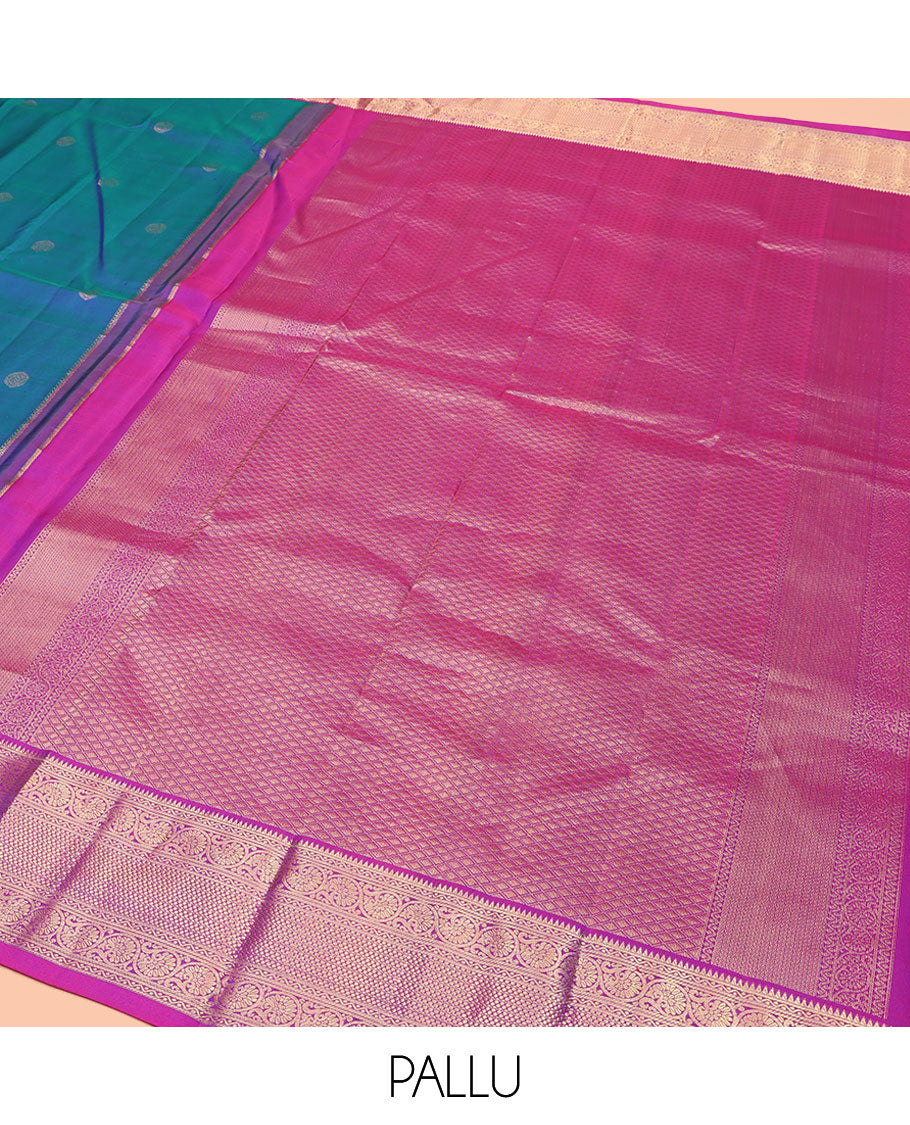 Blue Kanchipuram Silk Saree, Showcasing Zari Buttas All Over Its Body, Complemented by Contrast Border of Rekku, Neli, and Kodi Visiry Designs, Grand Jaal Pallu, and Paired with a Contrast Blouse