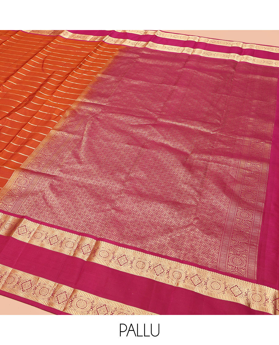 Orange Vasundhara Silk Saree, Richly Detailed with Zari Stripes All Over Its Body, Complemented by Contrast Rettai Pettu Border of  Manga, Muthu, Diamond and Chakram Designs, Intricately Zari Detailed Pallu, and Paired with a Contrast Blouse