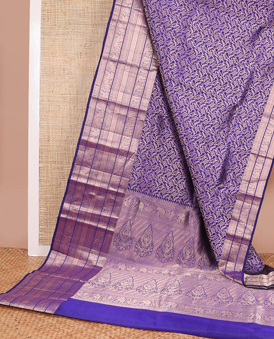 Blue floral design kancheepuram silk saree with self border of rekku, banaras, muthu, mayil kann, mayil, yanaai design & zari design pallu