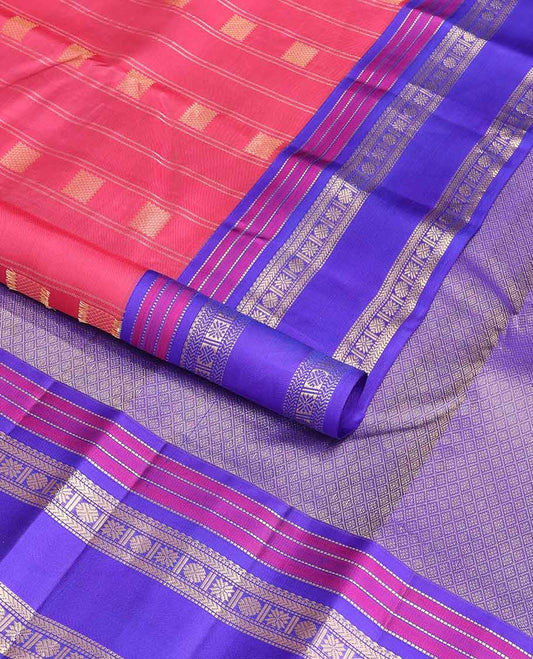 Pink geometric design silk saree with contrast border of muthu, kathir, paun design & geometric design pallu