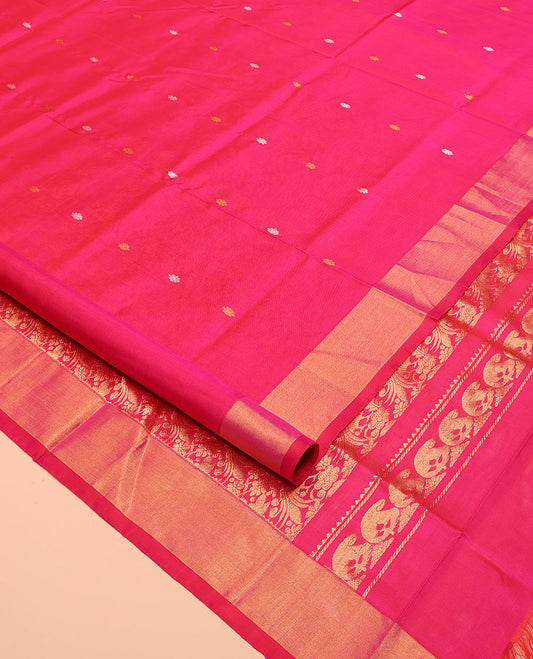Pink Uppada Silk Saree, Detailed with Zari Buttas All Over Its Body, Highlighted by a Zari Bavanji Border, Pallu Steeped with Peacock Designs, and Paired with a Matching Blouse