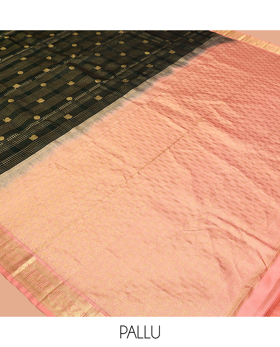 Green Vasundhara Silk Saree, Gracefully Embellished with Zari Butta Enclosed Checks All Over Its Body, Complemented by a Contrast Border of Banaras, Vanki, and Mayil Designs, Grand Pallu, and Paired with a Contrast Blouse