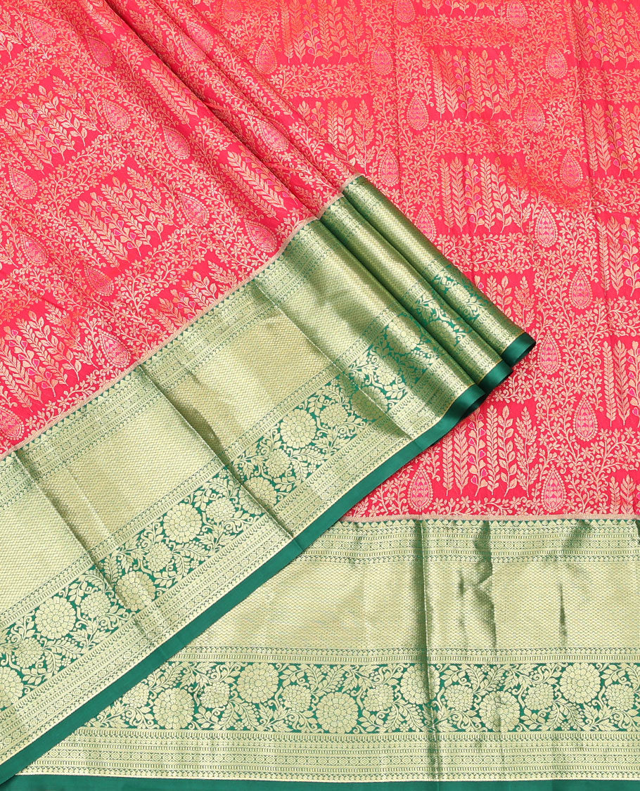 Red Art Silk Material Half Saree, Opulently Embellished with Jacquard Skirt, a Contrast Traditional Zari Border, Contrast Blouse, and an Intricate Dhavani