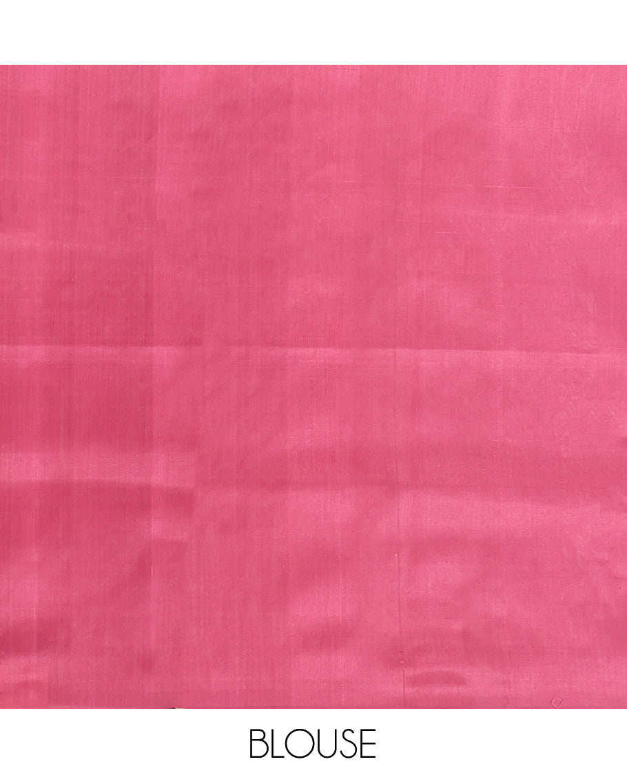 Borderless Pink Mayuri Soft Silk Saree, Woven with Geometric Buttas, Contrast Tri-Color Pallu, and a Matching Blouse