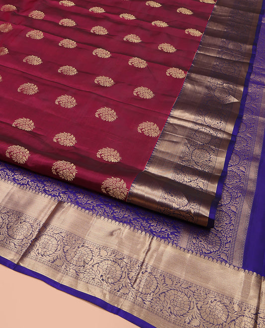 Wine Vasundhara Lite Silk Mix Saree, Prettified with Zari Buttas, Complemented by a Contrast Border of Kodi Visiry Designs, Pallu Gleamed Up with Jaal Designs, and Paired with a Contrast Blouse