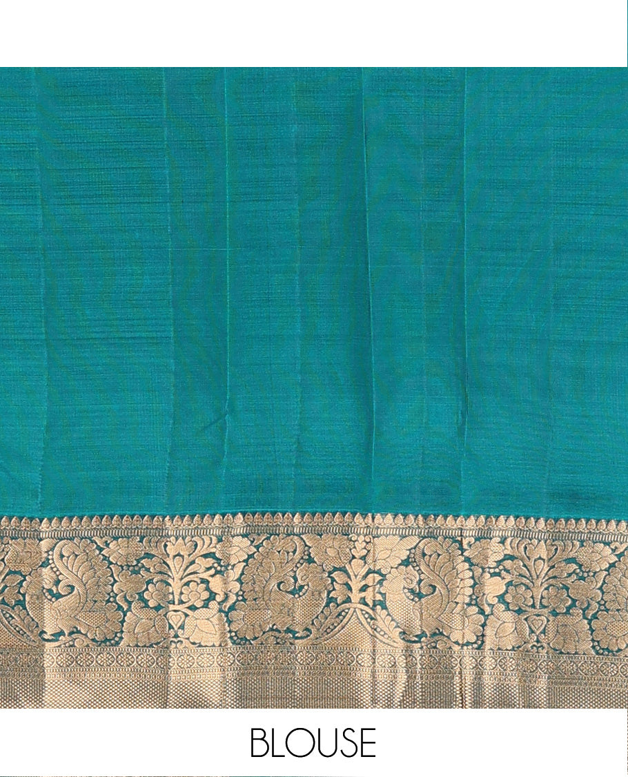 Green zari buttas Vasundhara silk mix saree, contrast border of thilakam mokku, muthu, mayil, laddu kamalam,  and kuyil kann designs, and pallu of paisleys