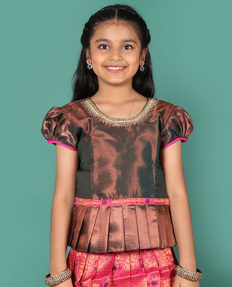 Pink readymade art silk pavadai, jacquard & contrast zari border skirt, & jacquard & embroidery round neck puff-sleeve blouse