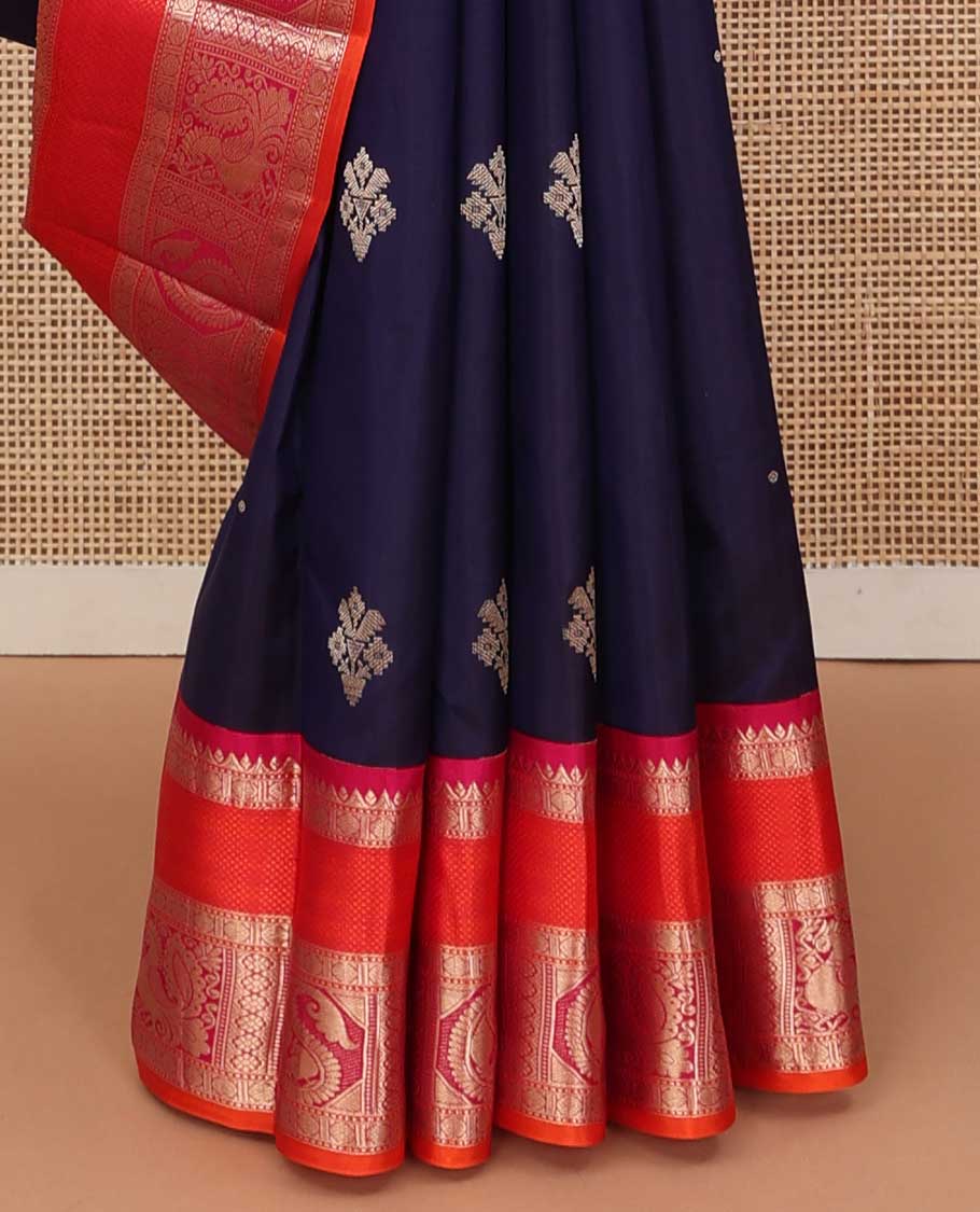 Blue zari buttas silk saree, contrast border of Muthu, rudraksham, mayil kann, poun, kamalam, manga and mayil and jaal pallu