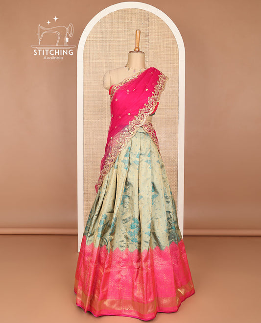 Blue floral embroidery banaras half saree with contrast intricate zari design border, zari design blouse & floral embroidered dhavani