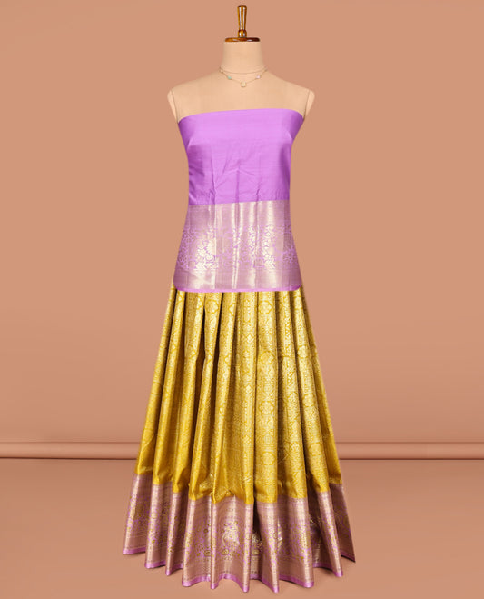 Yellow Art Silk Pavadai Material Set, Delicately Woven with Jacquard on Its Skirt, Complemented by a Contrast Floral Zari Design Border, and Paired with a Contrast Blouse