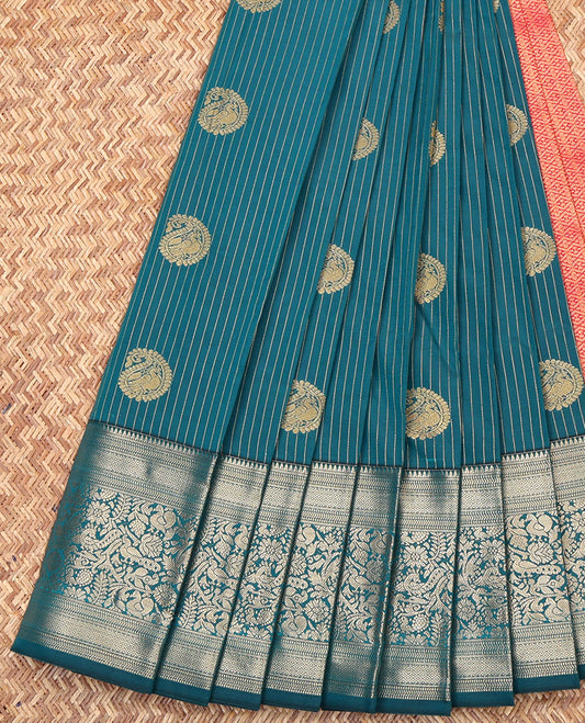 Blue Budget Silk Saree, Woven with Zari Stripes and Paisley Buttas All Over Its Body, Highlighted by a Traditional Zari Design Border, Contrast Pallu of Jaal Designs, and Paired with a Contrast Blouse