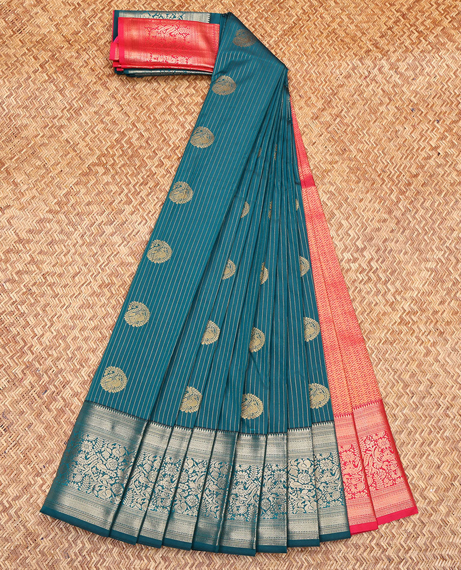 Blue Budget Silk Saree, Woven with Zari Stripes and Paisley Buttas All Over Its Body, Highlighted by a Traditional Zari Design Border, Contrast Pallu of Jaal Designs, and Paired with a Contrast Blouse