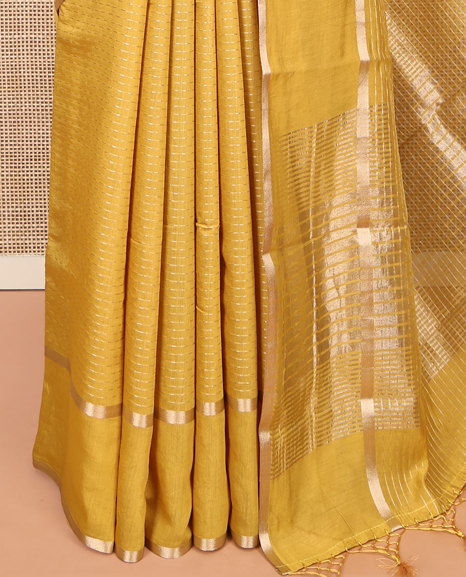 Mustard Assam Silk Saree, Mesmerized with Zari Stripes, Highlighted by a Zari Border, Zari-Striped Pallu, and a Matching Blouse