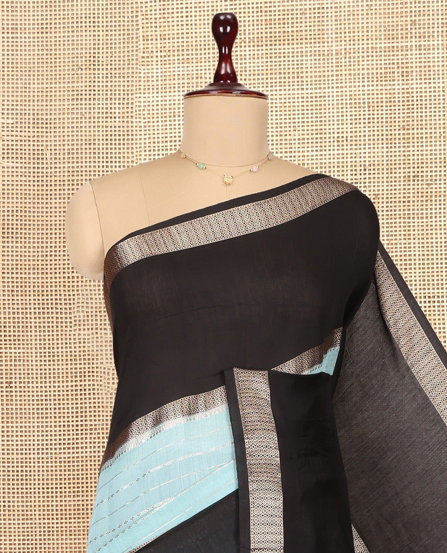 Blue Assam Silk Saree, Delicately Woven with Zari Stripes, Complemented by Contrast Big Zari Border,  Zari Woven Pallu, and Contrast Blouse