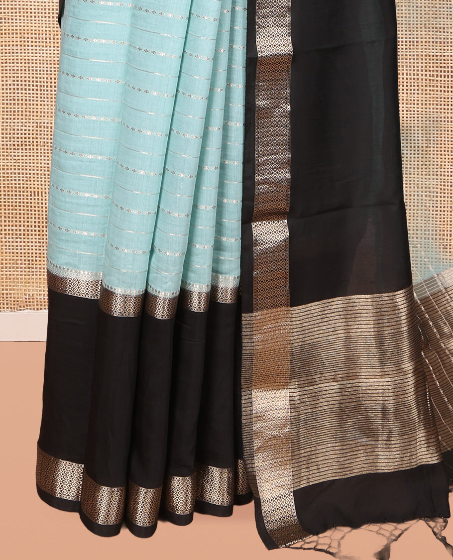 Blue Assam Silk Saree, Delicately Woven with Zari Stripes, Complemented by Contrast Big Zari Border,  Zari Woven Pallu, and Contrast Blouse