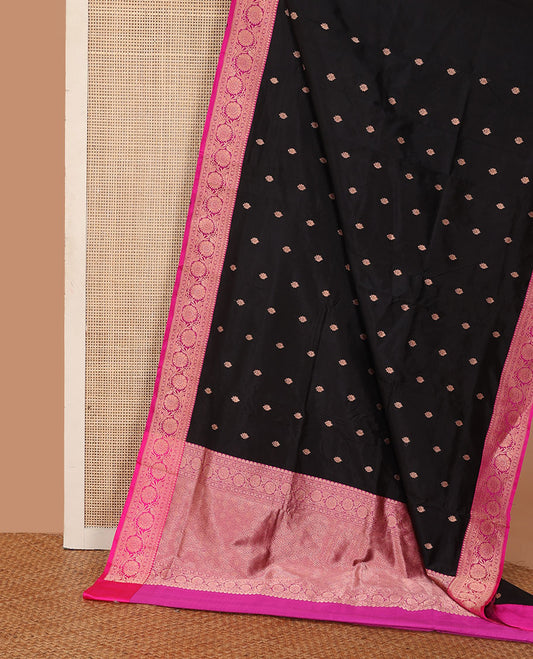 Black zari buttas katan silk saree, contrast traditional motifs with floral creeper border, and intricate zari woven pallu