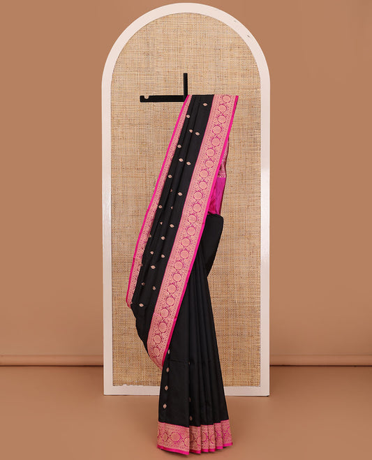 Black zari buttas katan silk saree, contrast traditional motifs with floral creeper border, and intricate zari woven pallu