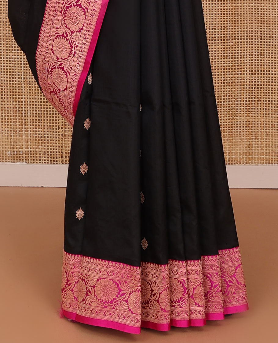Black zari buttas katan silk saree, contrast traditional motifs with floral creeper border, and intricate zari woven pallu