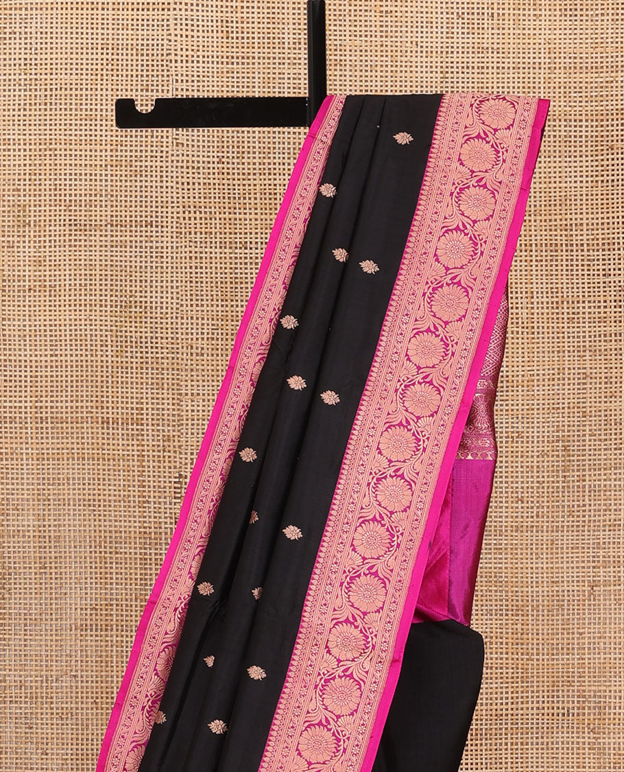 Black zari buttas katan silk saree, contrast traditional motifs with floral creeper border, and intricate zari woven pallu