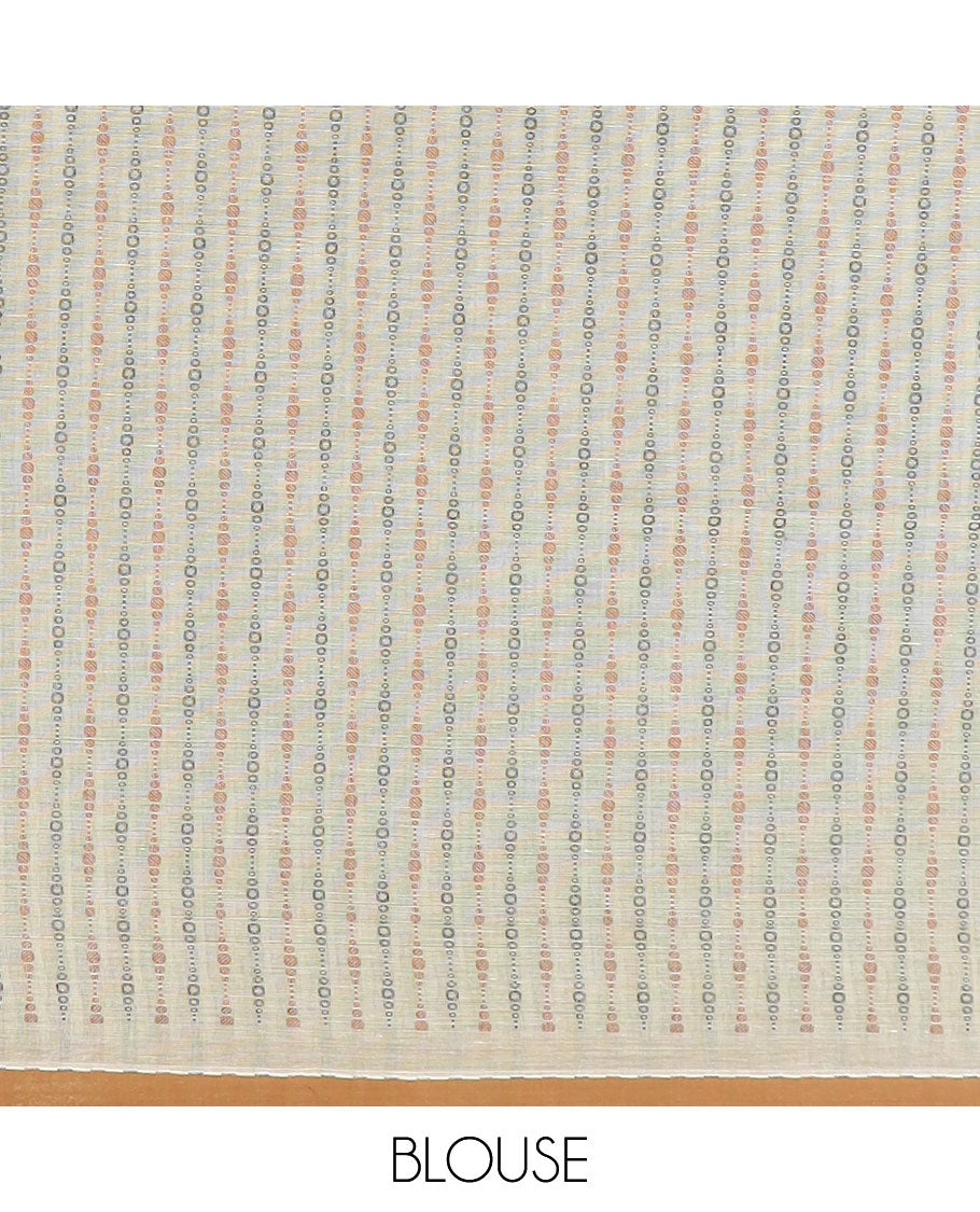 Pale green buttas and striped coimbatore cotton saree, contrast plain border and pallu of Swan motifs