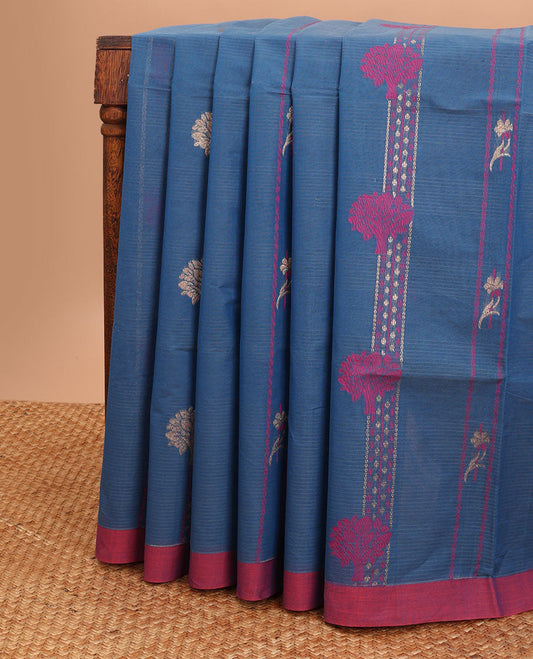 Blue all-over floral design coimbatore cotton saree with contrast plain border