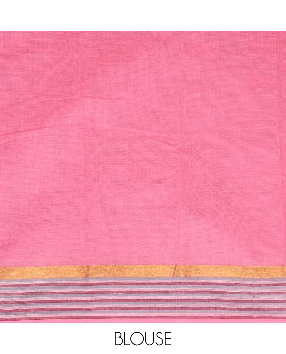 Pink meena floral buttas & peacock printed chirala cotton saree, striped border & pallu of floral & bird design