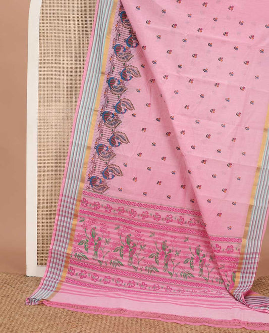 Pink meena floral buttas & peacock printed chirala cotton saree, striped border & pallu of floral & bird design