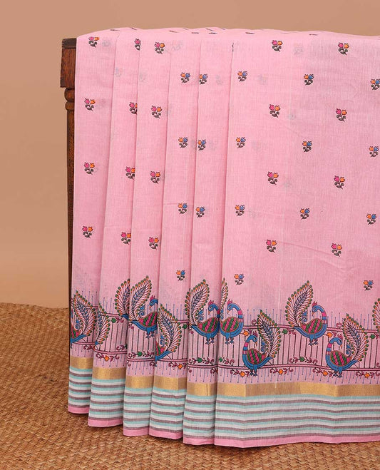 Pink meena floral buttas & peacock printed chirala cotton saree, striped border & pallu of floral & bird design