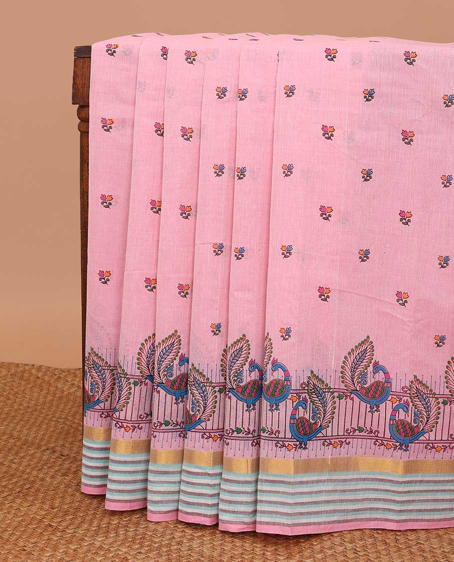Pink meena floral buttas & peacock printed chirala cotton saree, striped border & pallu of floral & bird design