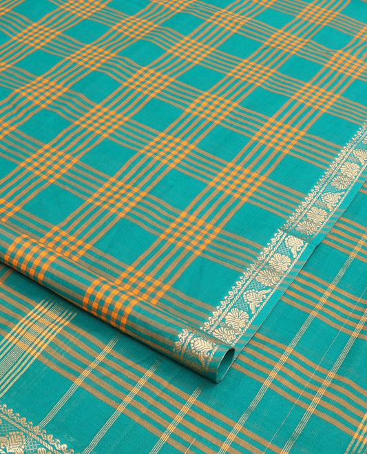 Green checked nine-yard cotton saree, floral design border, and pallu of stripes