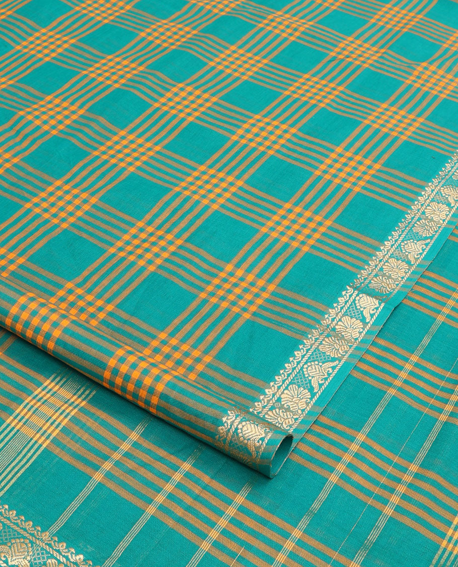 Green checked nine-yard cotton saree, floral design border, and pallu of stripes